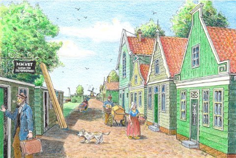 Artist impression van het Zeijlpad in 1832 met vooraan rechts het woonhuis van de familie Vet en links de zilverwinkel van Mozes Vet