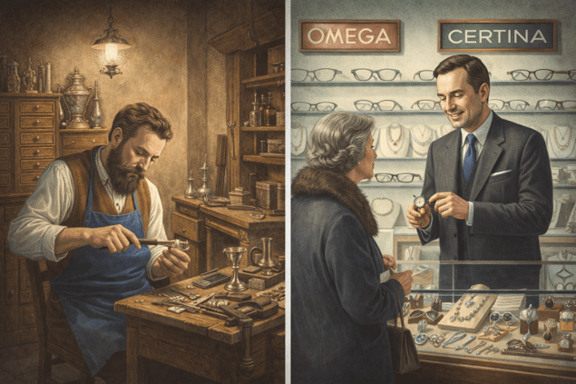 Artistieke impressies van een zilversmid in zijn werkplaats en een juwelier in zijn winkel
