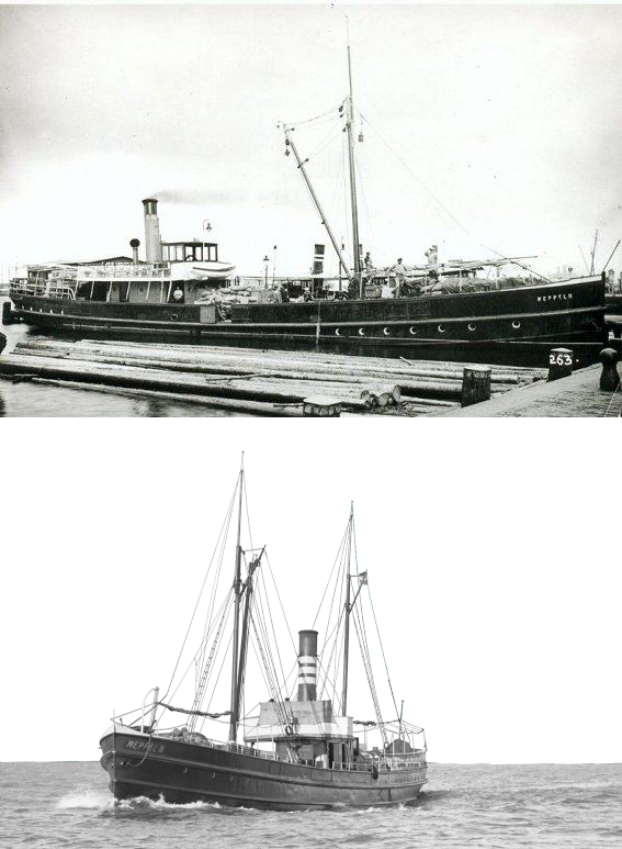 Twee foto's van het stoomschip "Meppel II" van rederij Verschure,