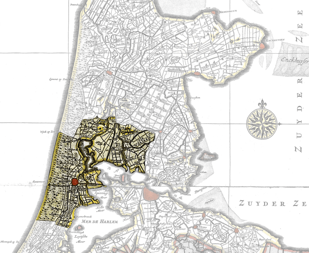 Kaart van Holland rond 1600 met het rechtsgebied van het Haarlemse goud- en zilversmidsgilde. Bewerkt door Arno J. Bruitsman.