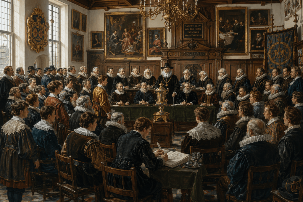 Historische reconstructie van een plenaire vergadering van het Haarlemse zilversmidsgilde, circa 1600–1650. In een lichte, rijk gedecoreerde gildezaal zitten jonge en oude zilversmeden bijeen; de deken, keurmeesters en twaalf raadsleden nemen een prominente plaats in rond de gouden beker van Sint-Eloy.